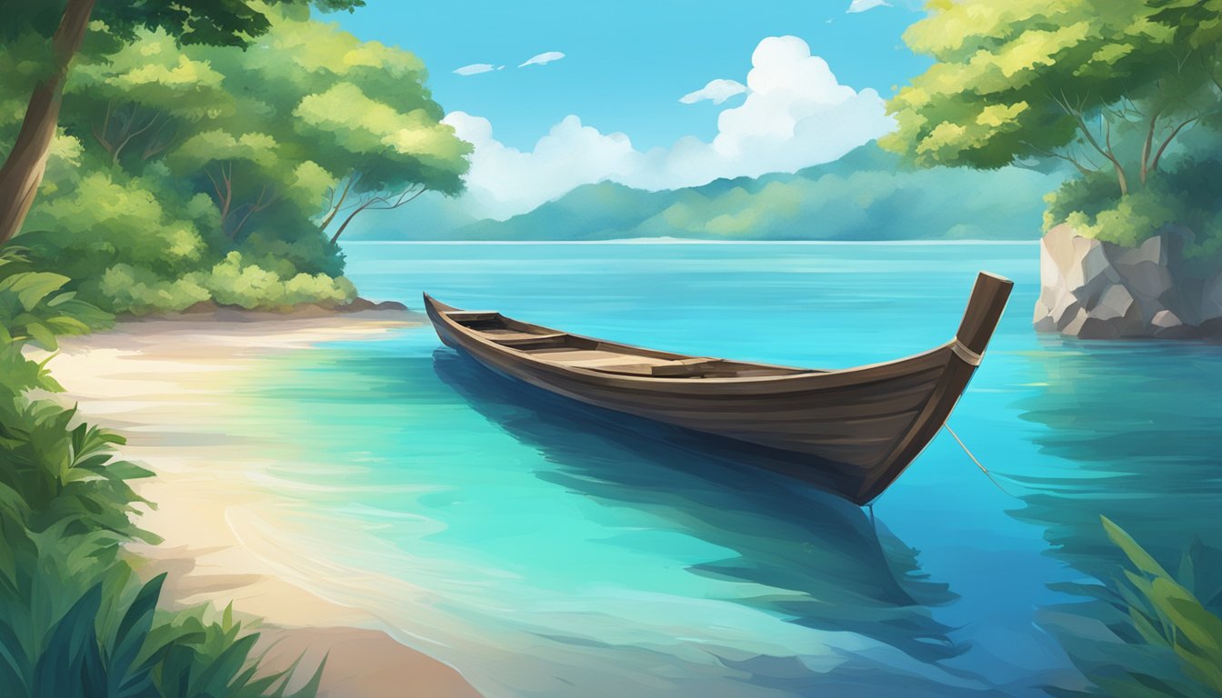 A serene beach with crystal-clear water, surrounded by lush greenery and a clear blue sky, with a traditional boat floating peacefully on the water