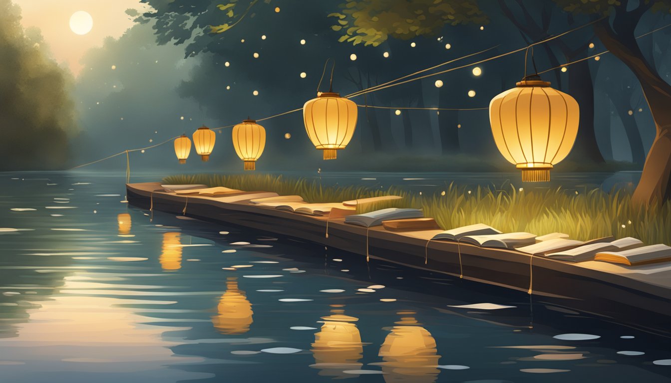 A serene riverbank with floating lanterns and scattered books and film reels. A sense of mystery and reverence for water burial