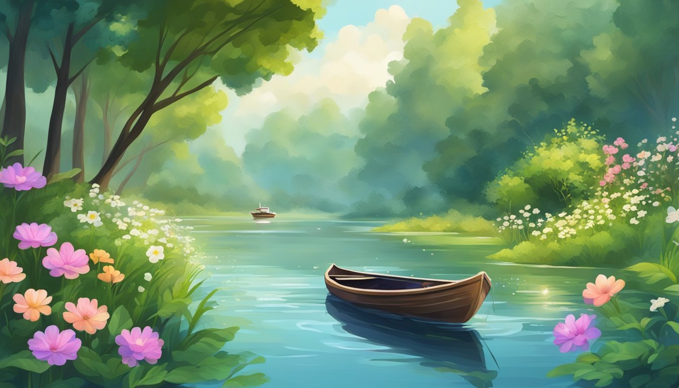 A serene river with a small boat, surrounded by lush greenery and flowers. A gentle breeze ripples the water's surface