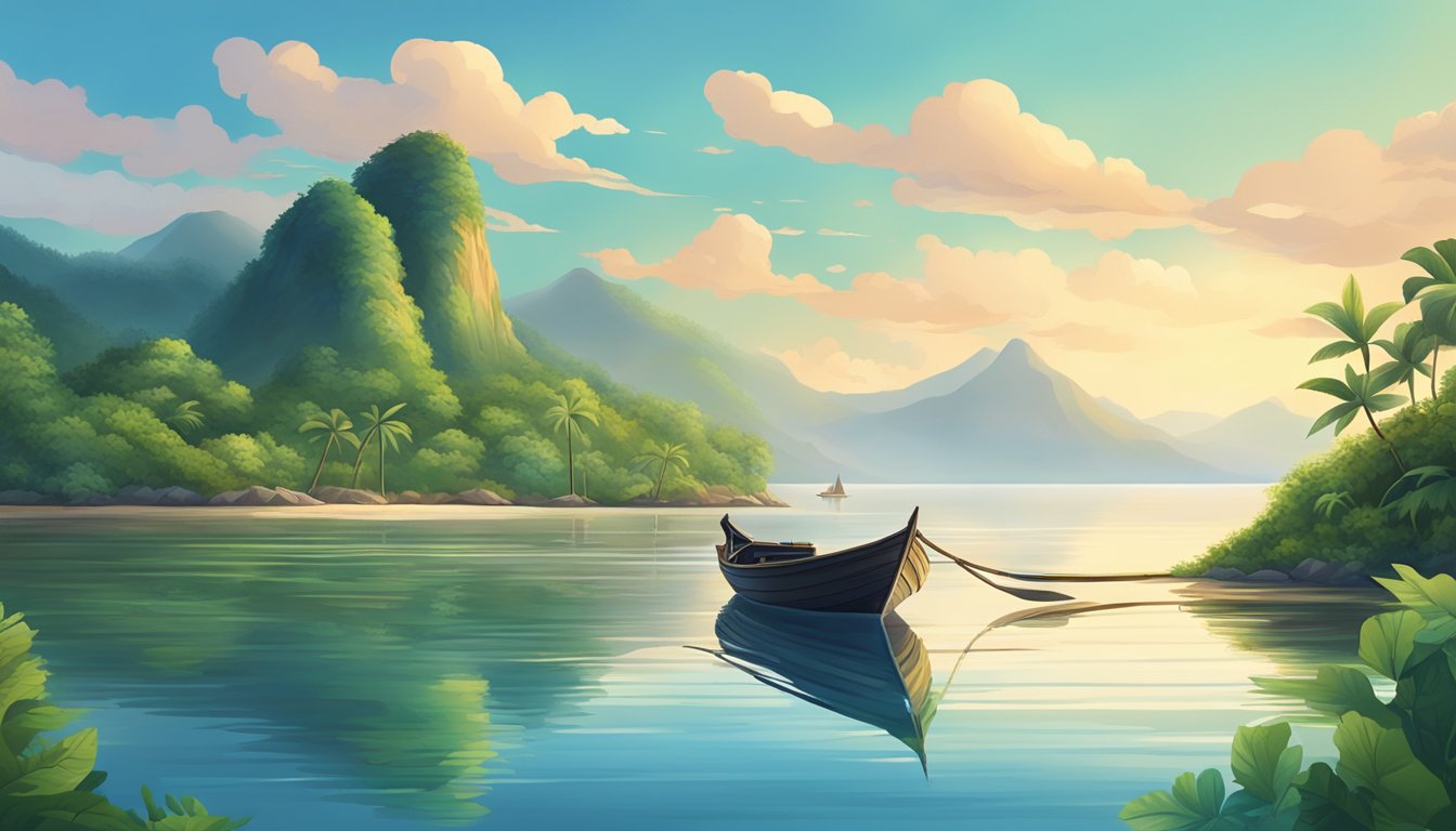 A serene ocean view with a traditional boat floating on calm waters, surrounded by lush greenery and distant mountains