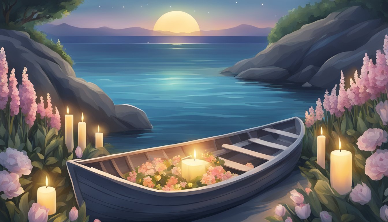 A serene ocean scene with a small boat surrounded by flowers and candles, symbolizing a water burial service for funeral planning