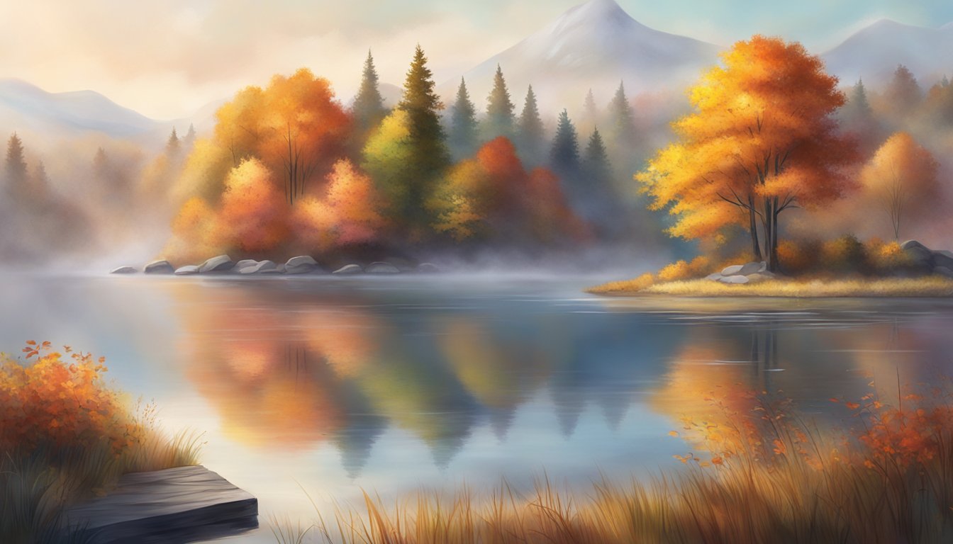 A serene lake surrounded by vibrant autumn foliage, with a gentle mist rising from the water's surface