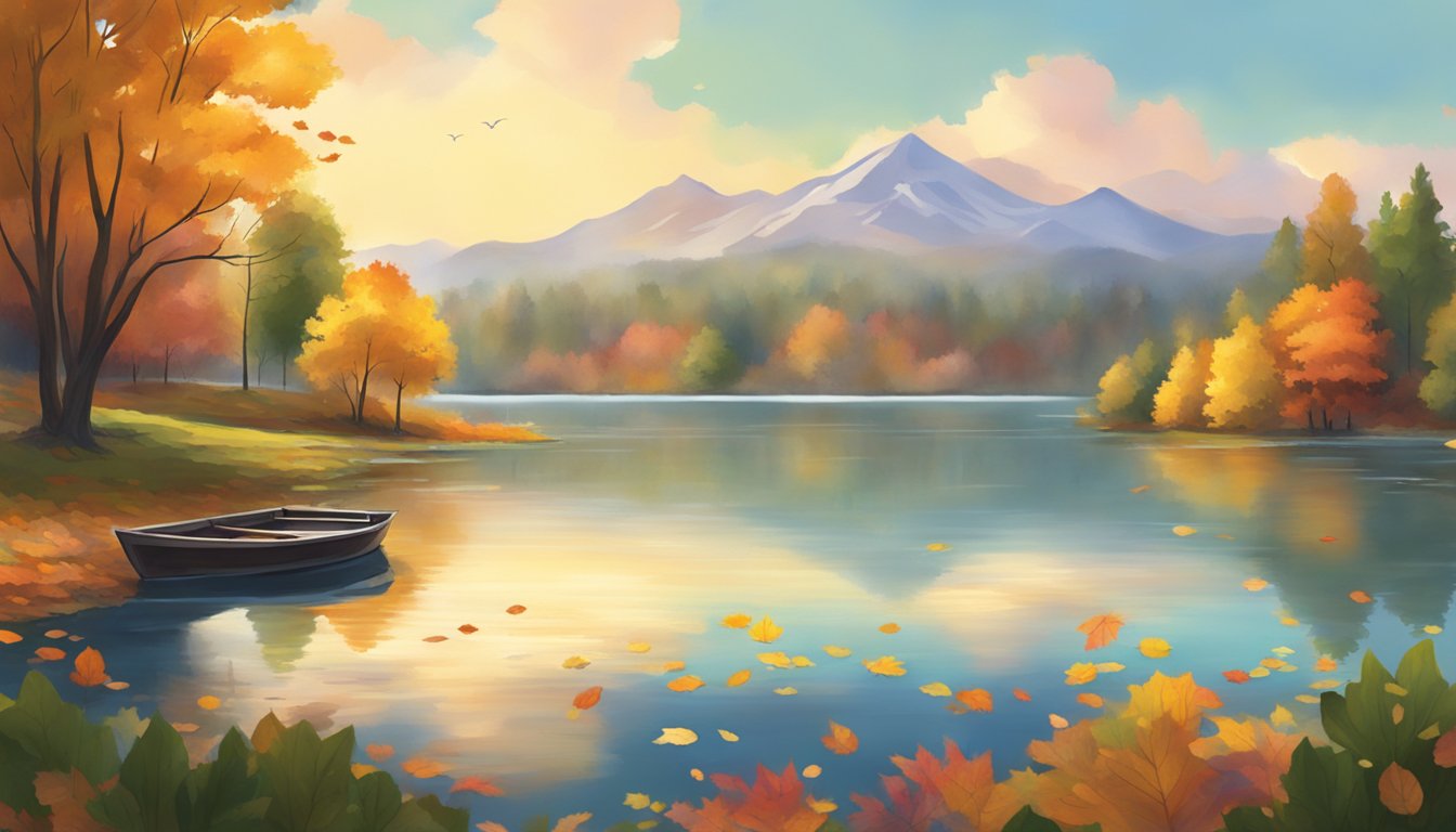 A serene lake surrounded by lush greenery, with colorful autumn leaves falling gently onto the water's surface