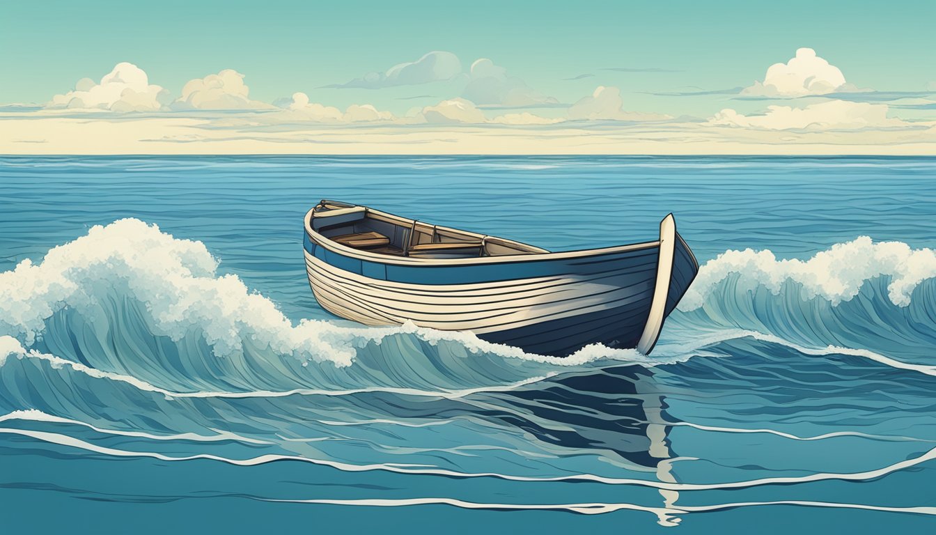 A serene ocean scene with a small boat floating on the water, surrounded by calm waves and a clear blue sky overhead