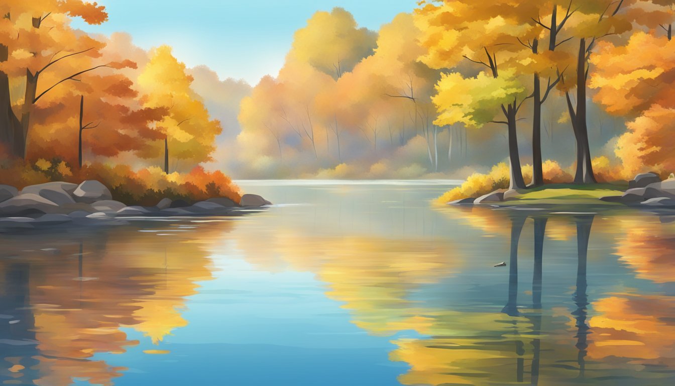 A serene lake surrounded by colorful autumn foliage, with gentle ripples on the water's surface under a clear blue sky