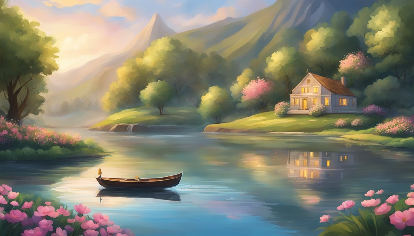 A serene river flowing through a lush landscape, with a small boat adorned with flowers and candles floating on the water