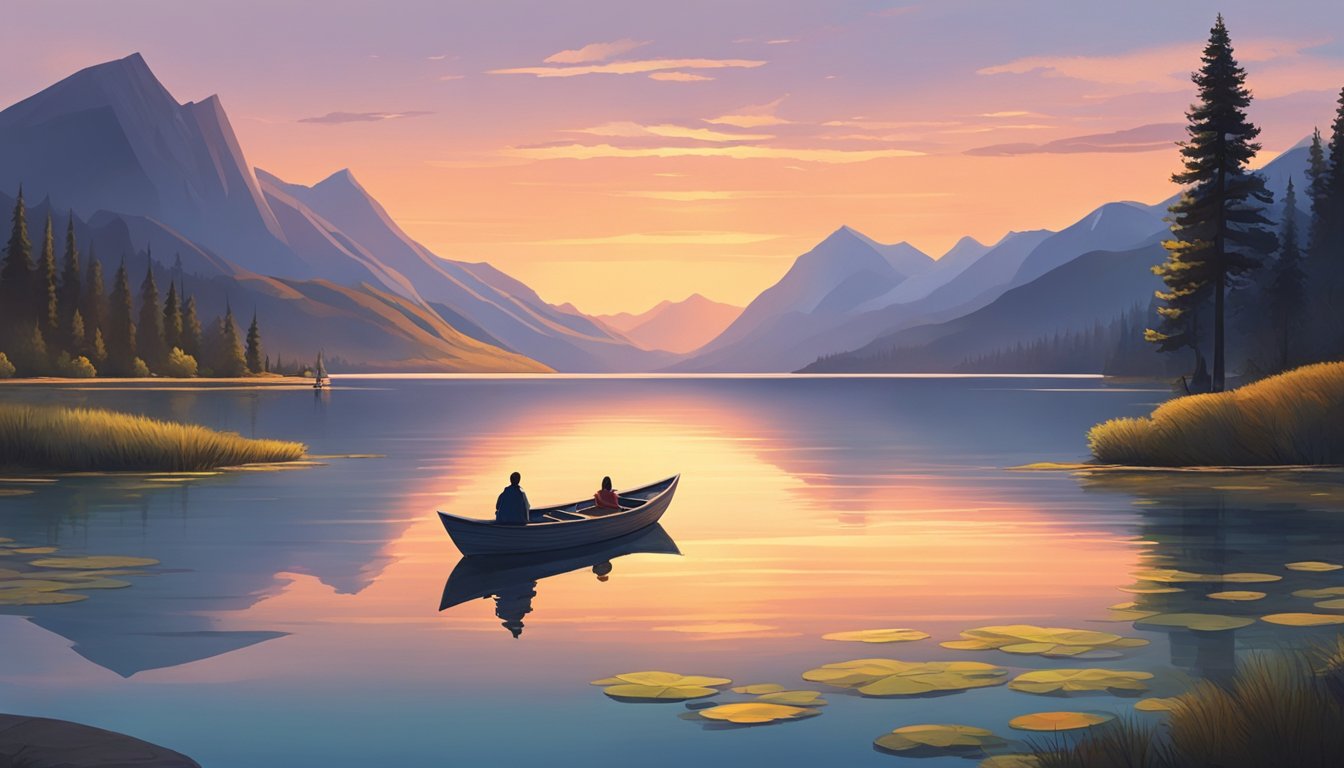 A serene lake at sunset, surrounded by tall mountains. A small boat with a draped figure floats in the calm water, while family members stand on the shore, engaged in a heated discussion