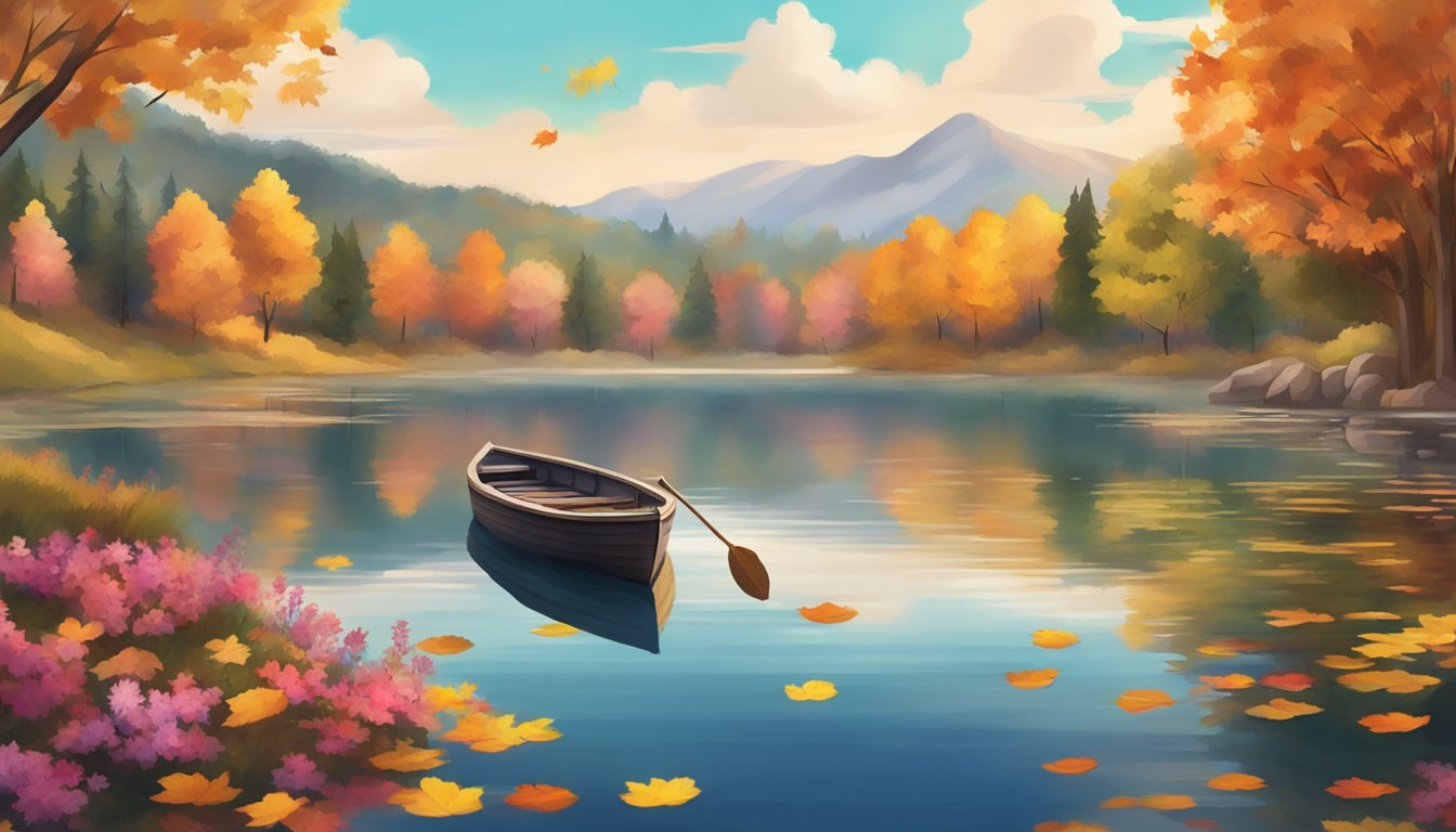 A serene lake surrounded by colorful autumn foliage, with a small boat adorned with flowers floating on the water