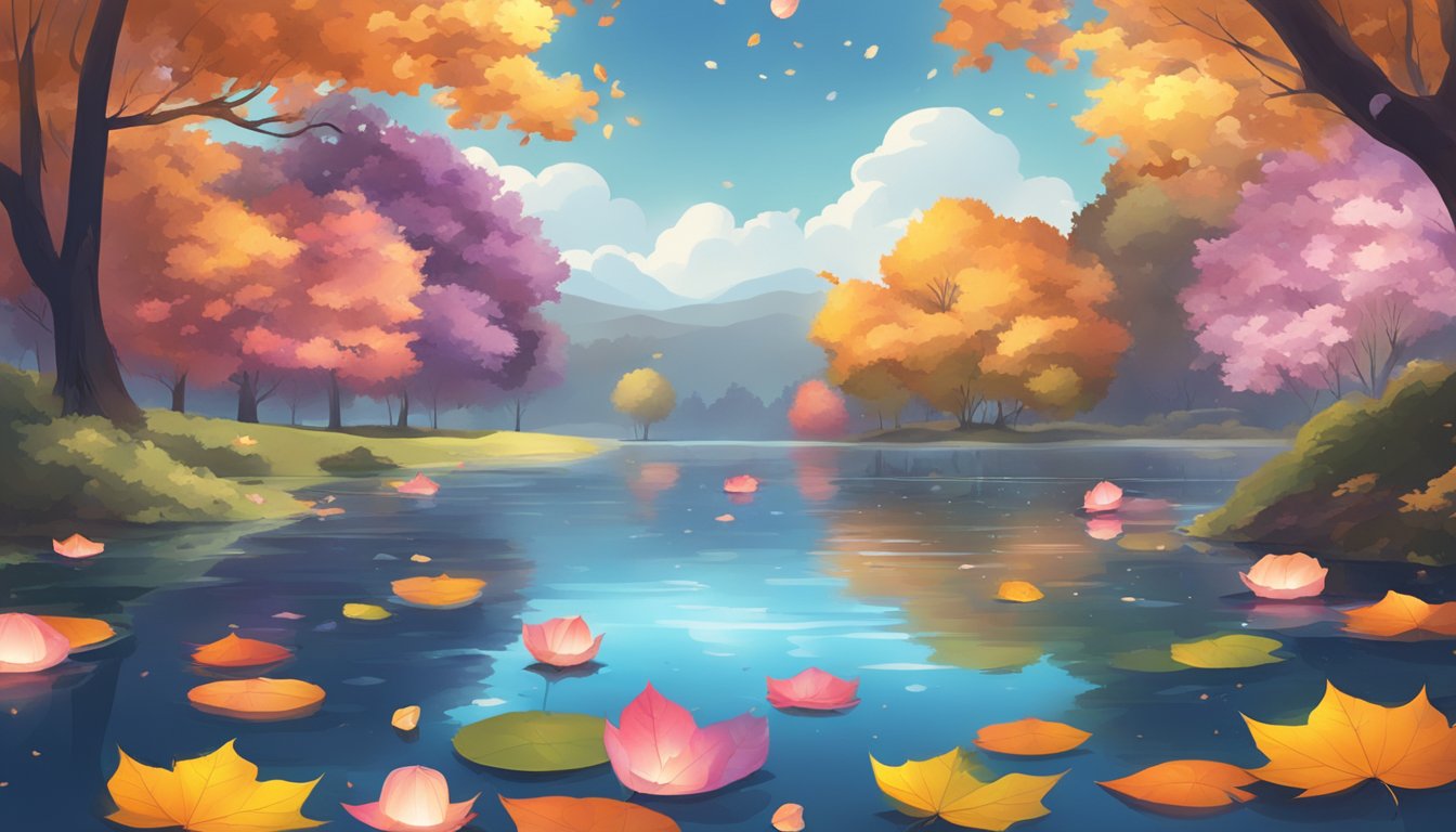 A serene lake surrounded by colorful autumn foliage, with floating lanterns and flower petals scattered on the water's surface