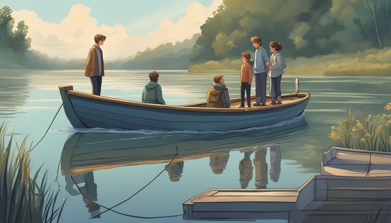 A family stands on a boat, discussing burial decisions for a loved one. The water is calm, but emotions are high as they navigate their disagreements