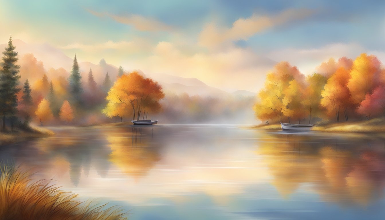 A serene lake surrounded by colorful autumn foliage, with a gentle mist rising from the water's surface