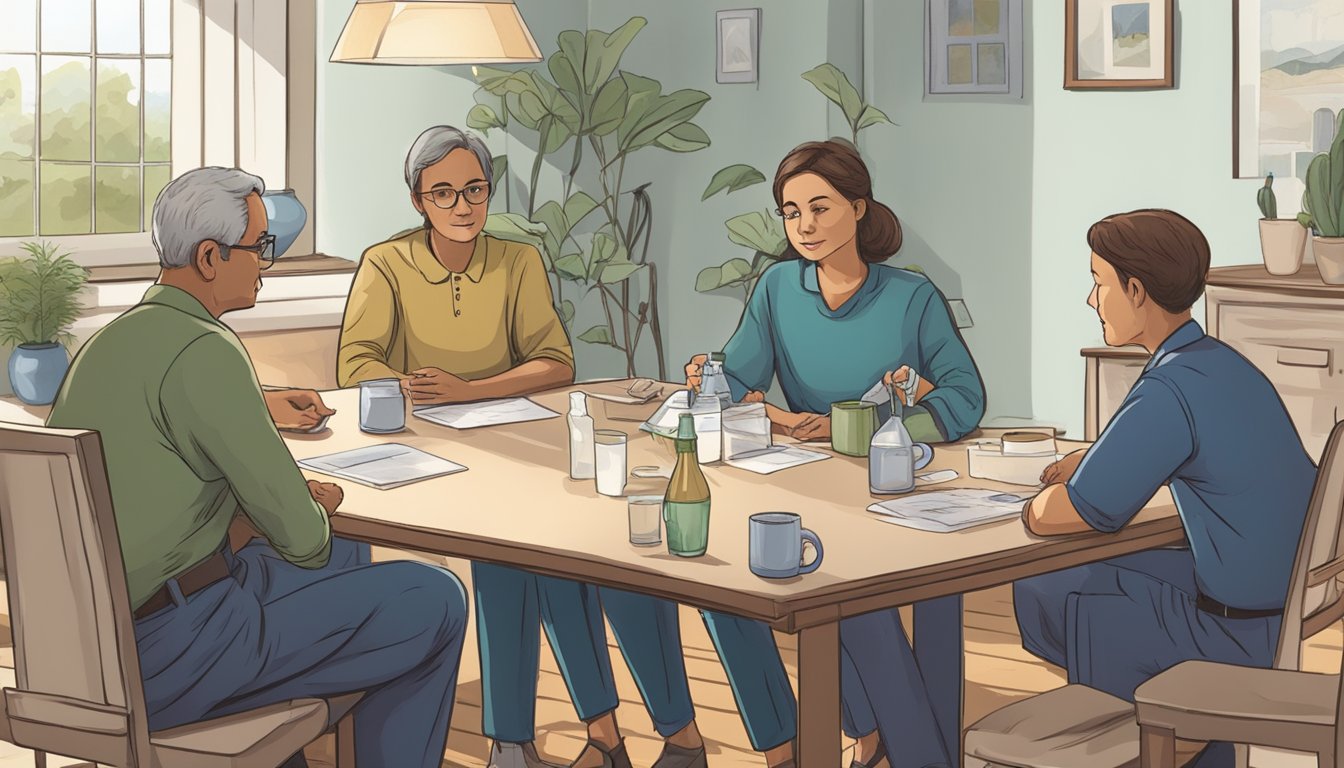 A family sitting around a table, discussing water burial options with a mediator present to facilitate the conversation