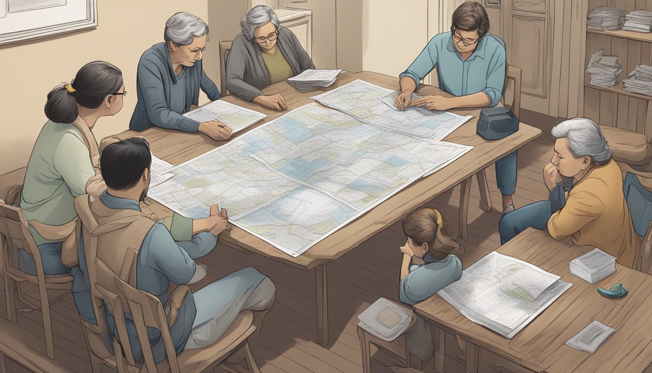 A family gathers around a table, maps and documents spread out, discussing water burial options. Tension is evident as different opinions are voiced