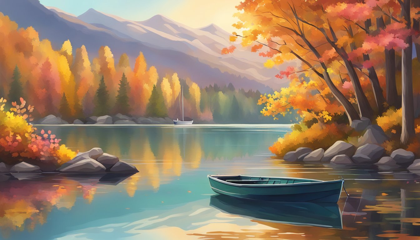 A serene lake surrounded by colorful autumn foliage, with a small boat adorned with flowers floating on the calm water