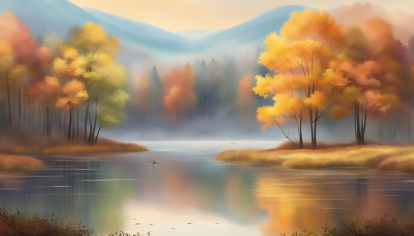 A serene lake surrounded by colorful autumn foliage, with a gentle mist rising from the water's surface