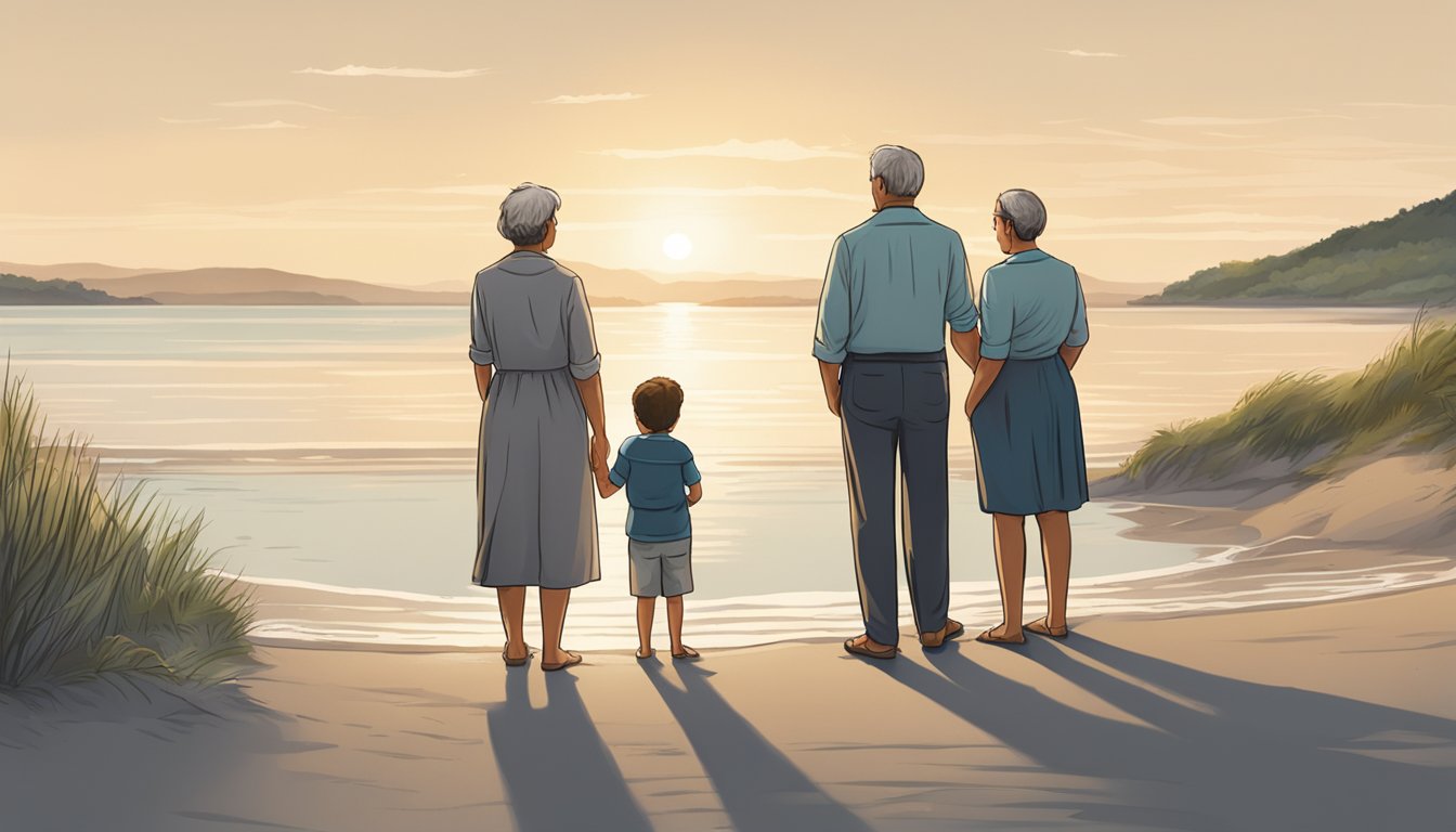 A family standing on a tranquil beach, looking out at the calm waters as they discuss and support each other in making decisions about a water burial