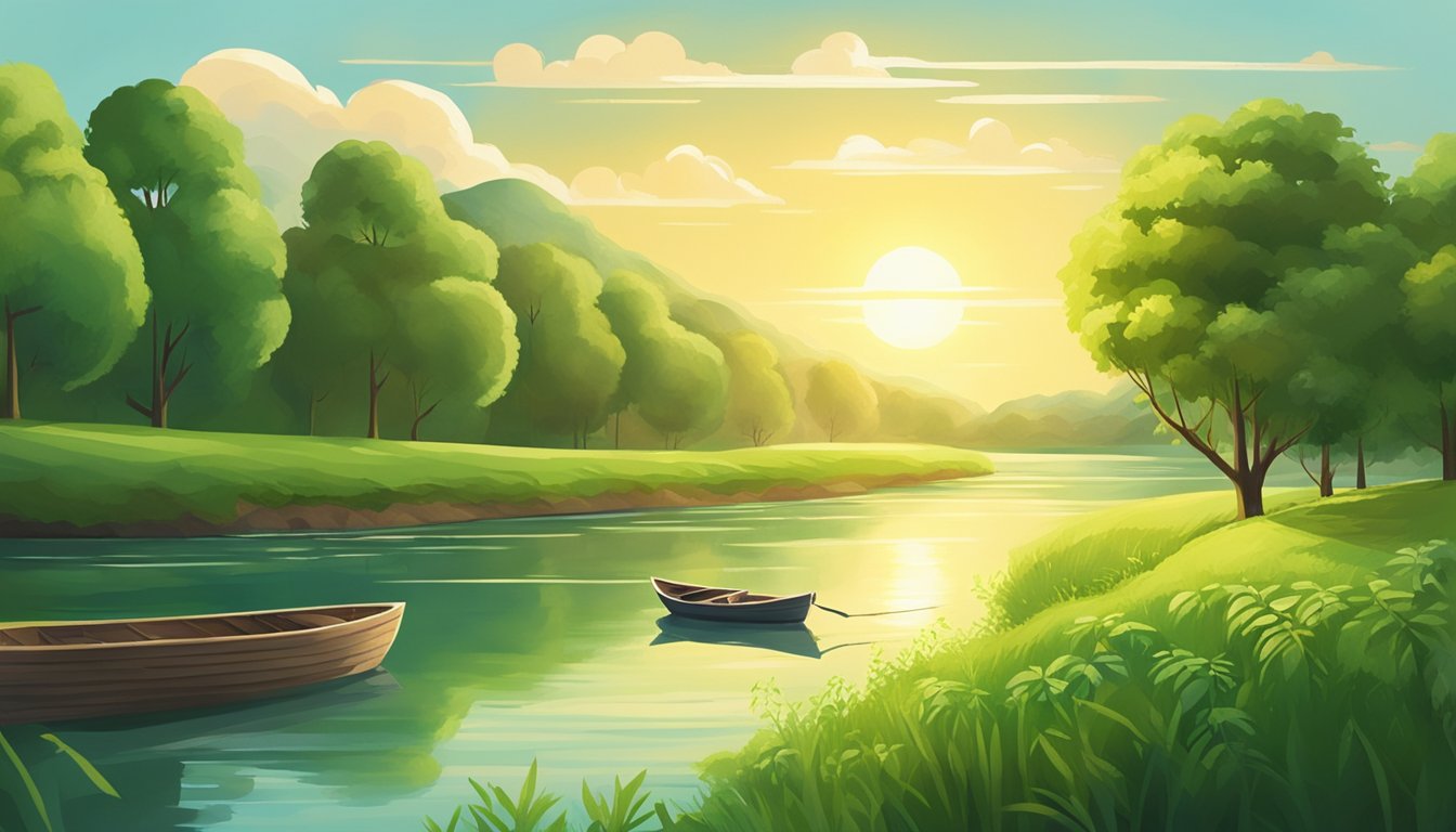 A serene river winding through a lush, green landscape, with a small boat floating peacefully on the water. The sky is clear, and the sun is shining, casting a warm glow over the scene