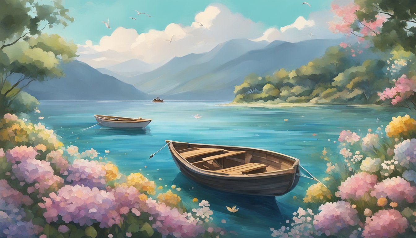 A serene ocean scene with a small boat surrounded by family members in discussion, with a scattering of flowers on the water's surface