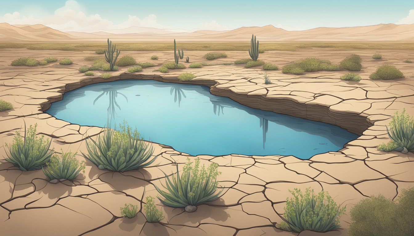 A dry, cracked landscape with wilted vegetation surrounds a small, dwindling water source. A lone burial site sits atop the parched earth, symbolizing the challenges of water scarcity and the future of water burials