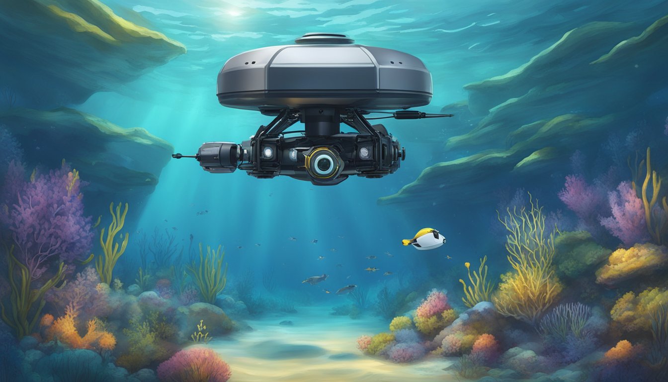 An underwater drone hovers over a serene underwater burial site, capturing the scene with its camera and lights. The drone's mechanical arms adjust its position as it documents the peaceful underwater scene