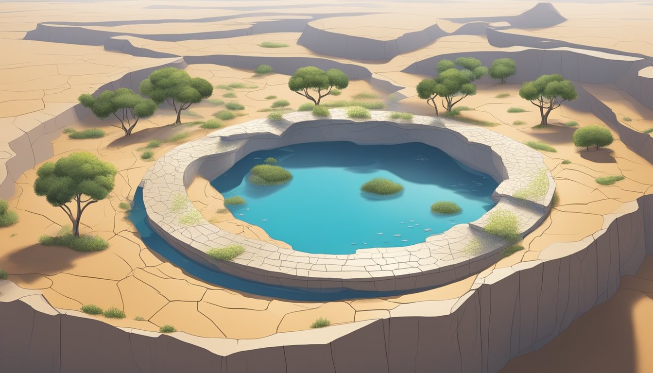 A dry, cracked earth with scattered water basins. A futuristic burial site with water-based memorials and eco-friendly infrastructure