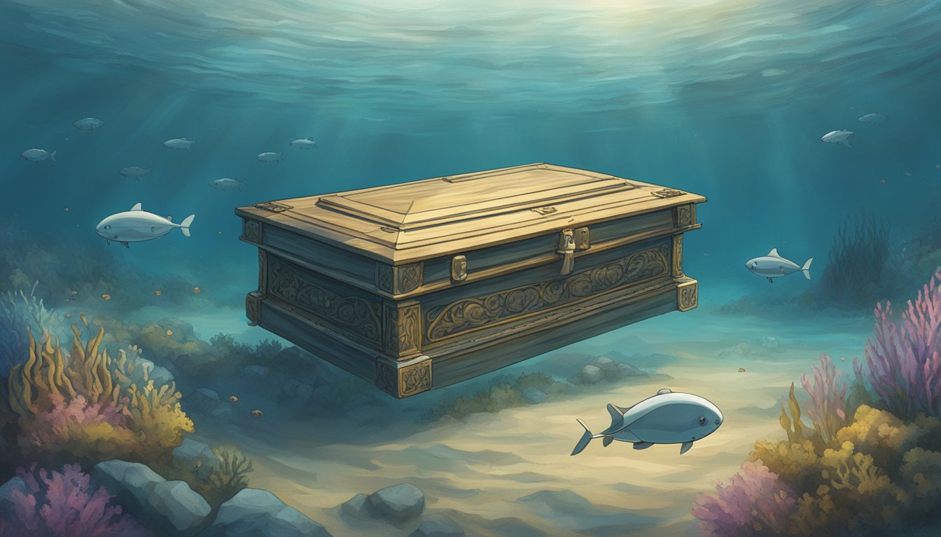 An underwater drone hovers over a serene ocean burial site, capturing the solemn moment as a casket gently descends into the depths