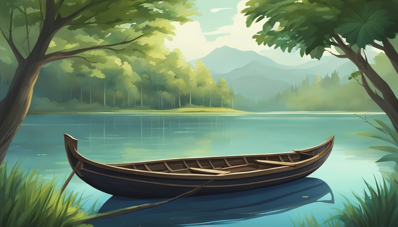 A serene lake surrounded by lush greenery, with a traditional burial boat floating peacefully on the water