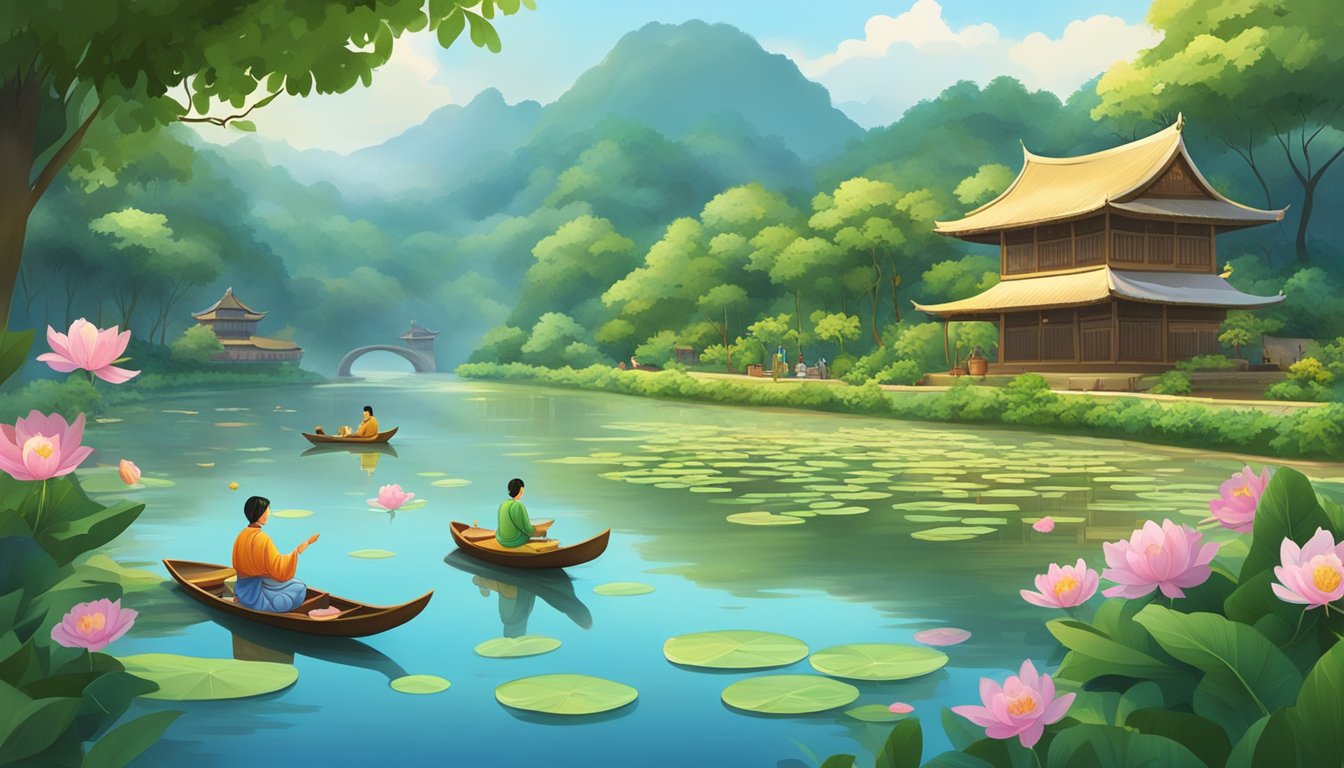 A serene river with floating flower offerings and traditional music playing on the banks, surrounded by lush greenery and local customs