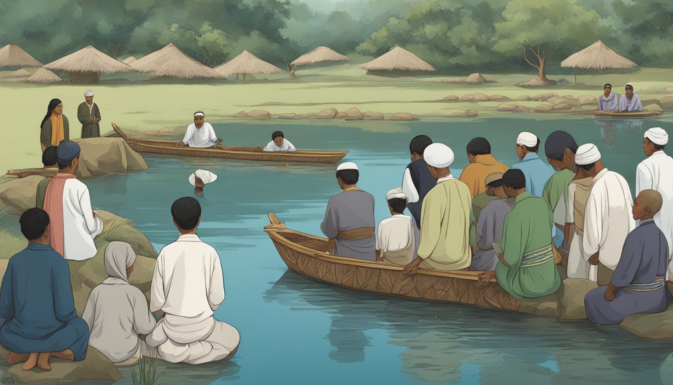 A group of people from different cultures gather by a serene body of water, each performing their own traditional water burial customs