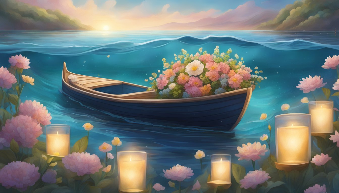 A serene ocean surface with a traditional boat surrounded by flowers and candles, as it prepares to release a biodegradable urn into the water