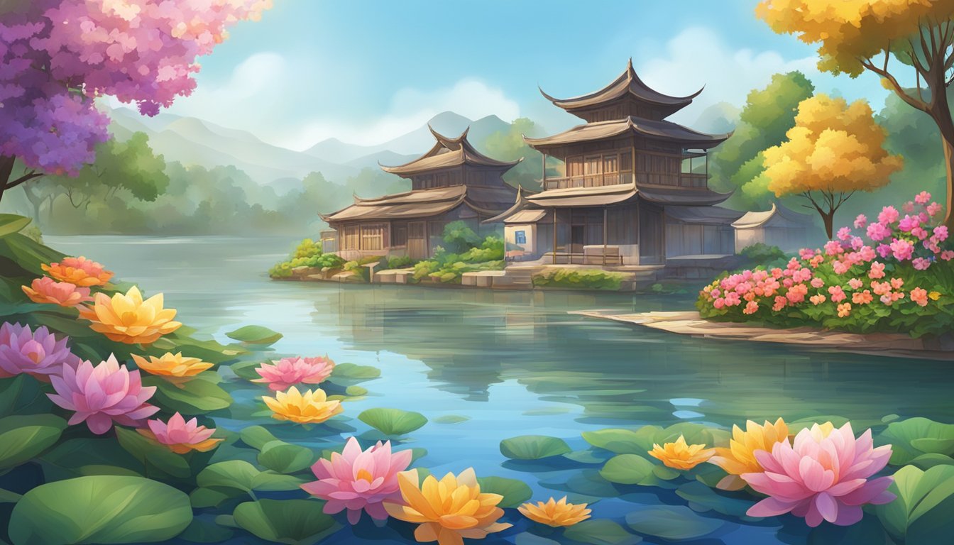 A serene riverbank with colorful floral offerings floating on the water, surrounded by traditional local architecture