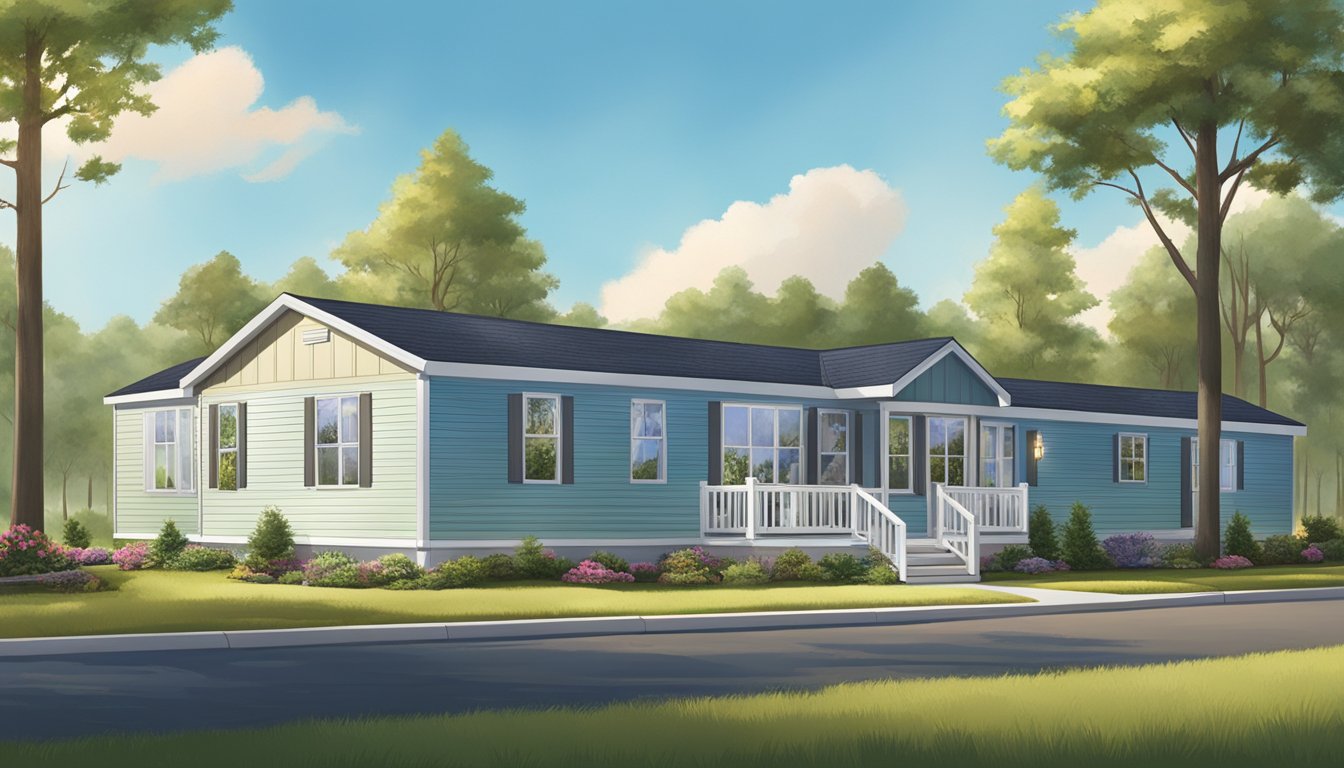 A double wide manufactured home sits on a plot of land, surrounded by trees and a clear blue sky. A variety of financing options are displayed in the background