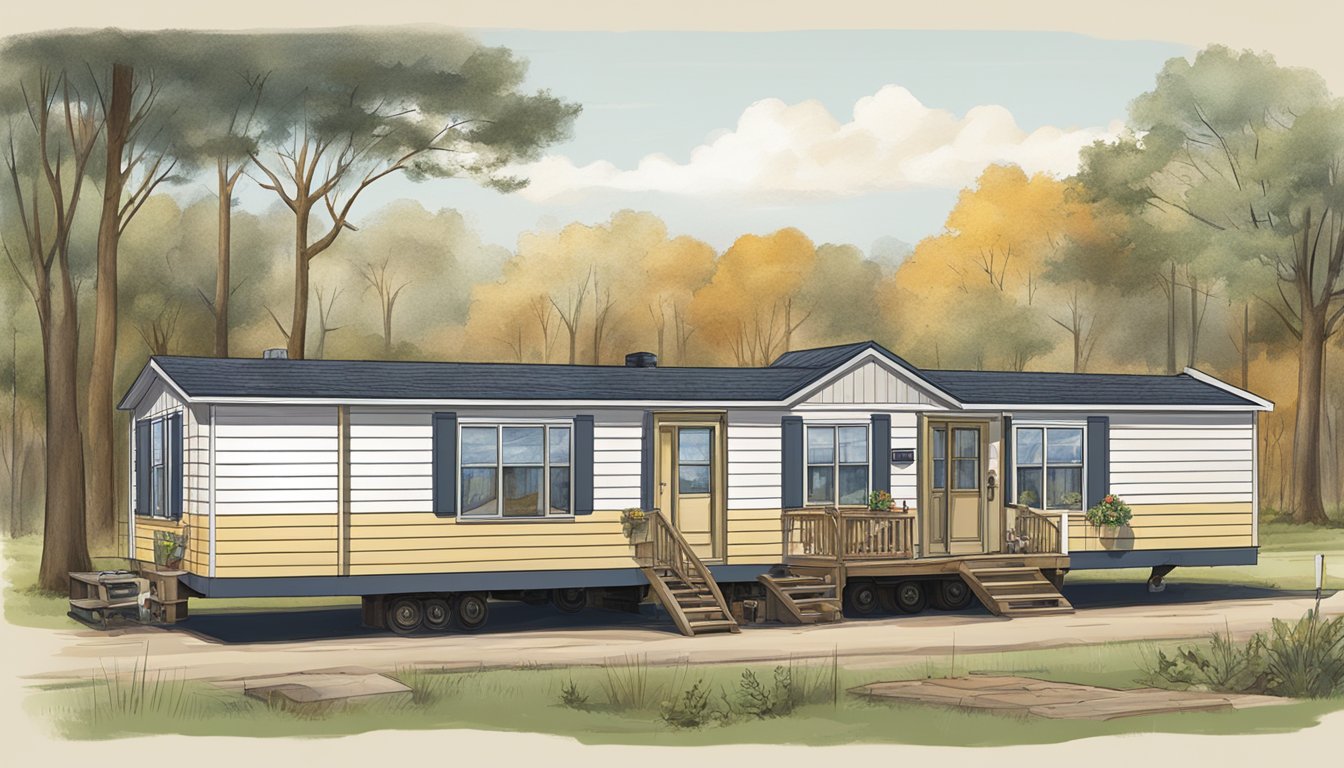 A double wide mobile home being moved onto a permanent housing site, surrounded by a historical timeline of mobile homes