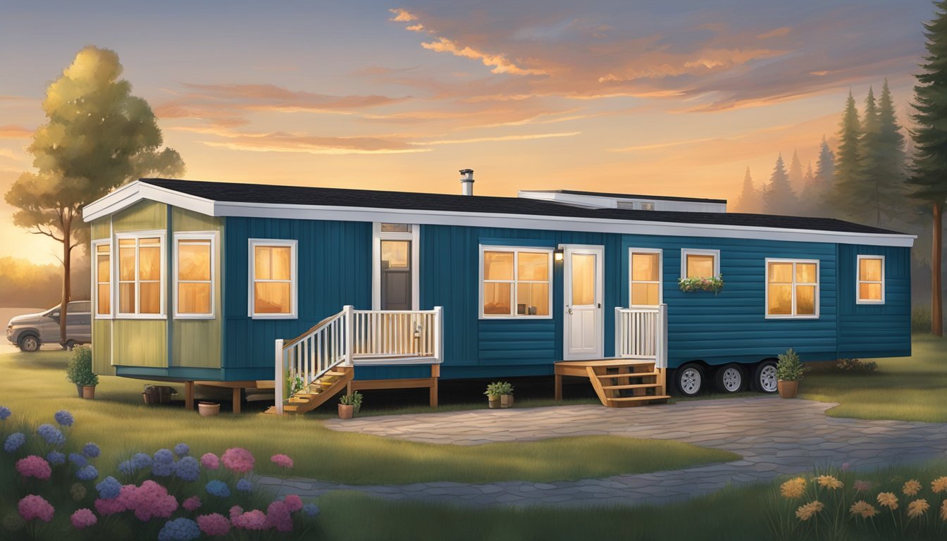 An artist paints a double wide mobile home surrounded by various customization options such as siding, roofing, and window styles