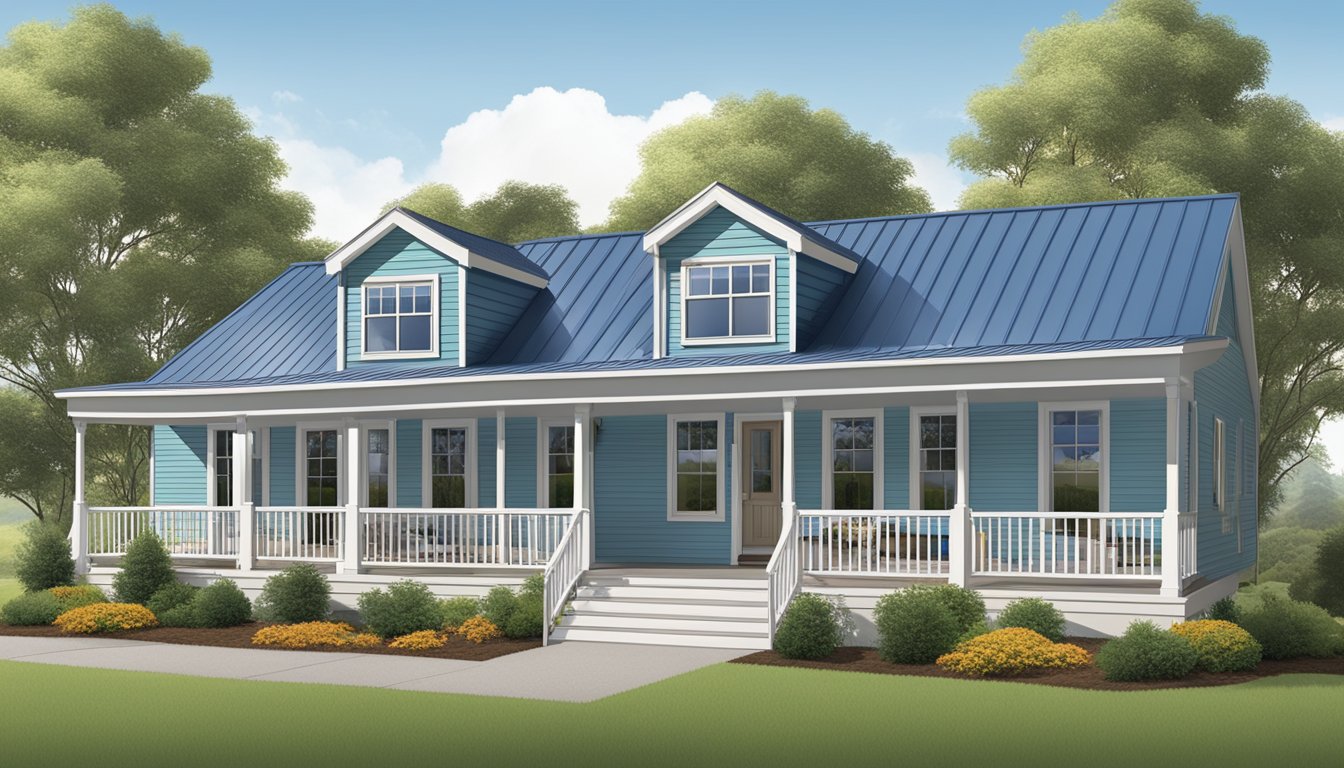 A double wide home with customizable design options, including siding, roofing, and window styles, set against a backdrop of rolling hills and clear blue skies