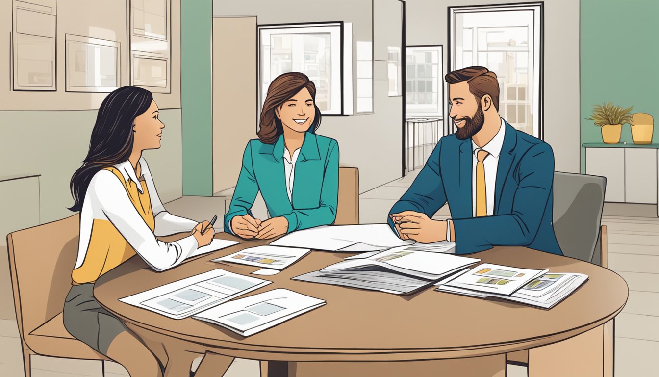 A couple sits at a desk, discussing financing options with a sales representative. Brochures and paperwork are spread out on the table