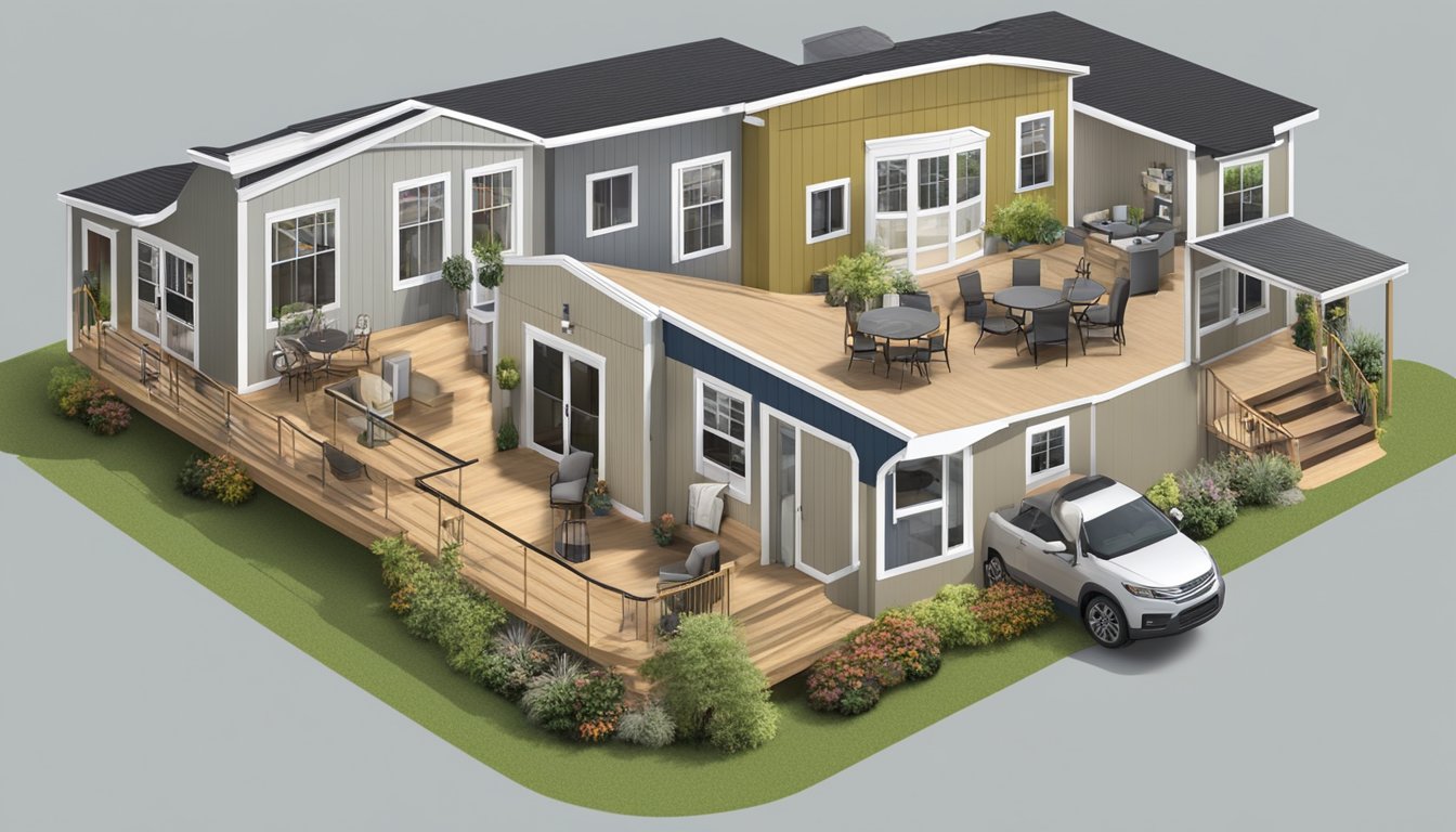 A double wide mobile home surrounded by various customization options, with a focus on cost and value considerations