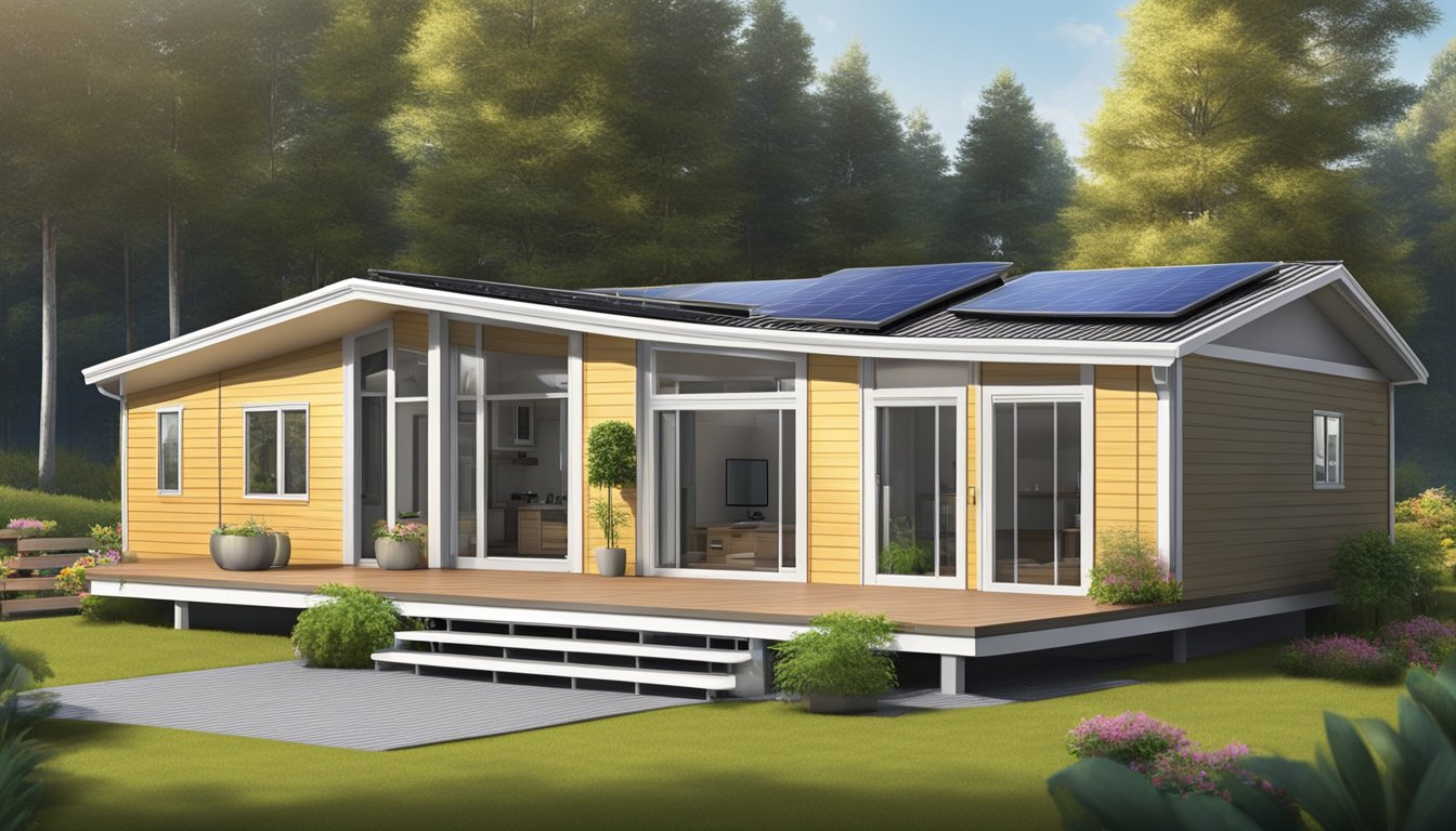 A modern double wide manufactured home with energy-efficient features like solar panels, high-quality insulation, and energy-saving appliances