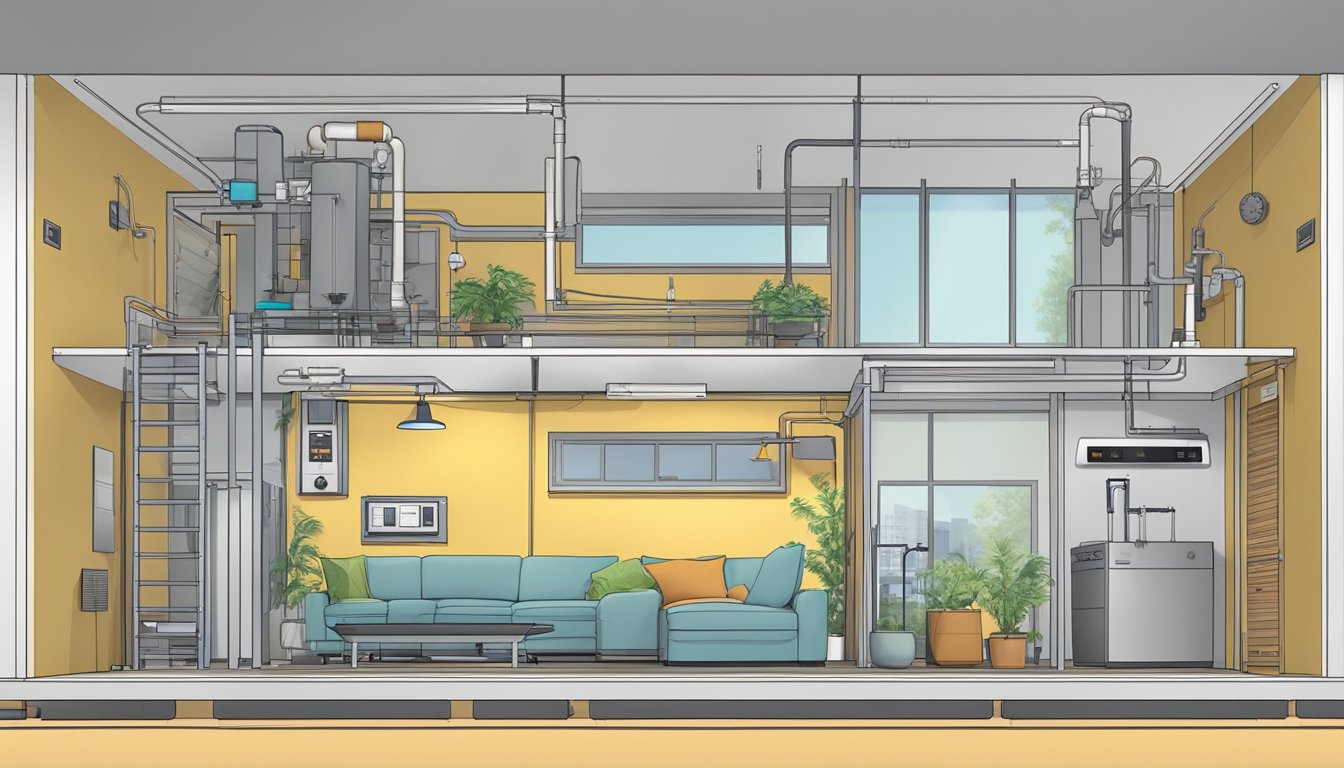 A modern double wide with efficient HVAC systems, showing vents, ductwork, and a smart thermostat controlling the temperature