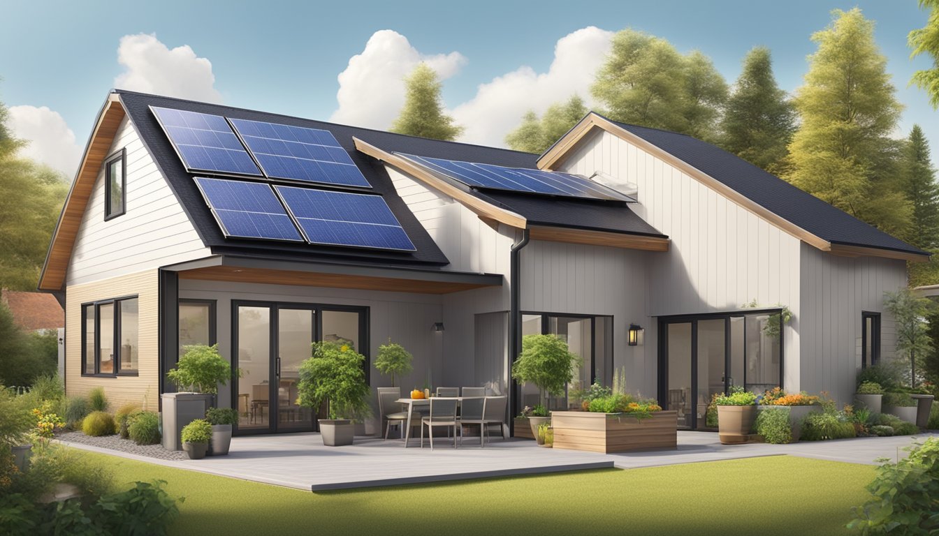 A modern double wide home with solar panels, energy-efficient appliances, and a smart thermostat, surrounded by a well-maintained garden and recycling bins