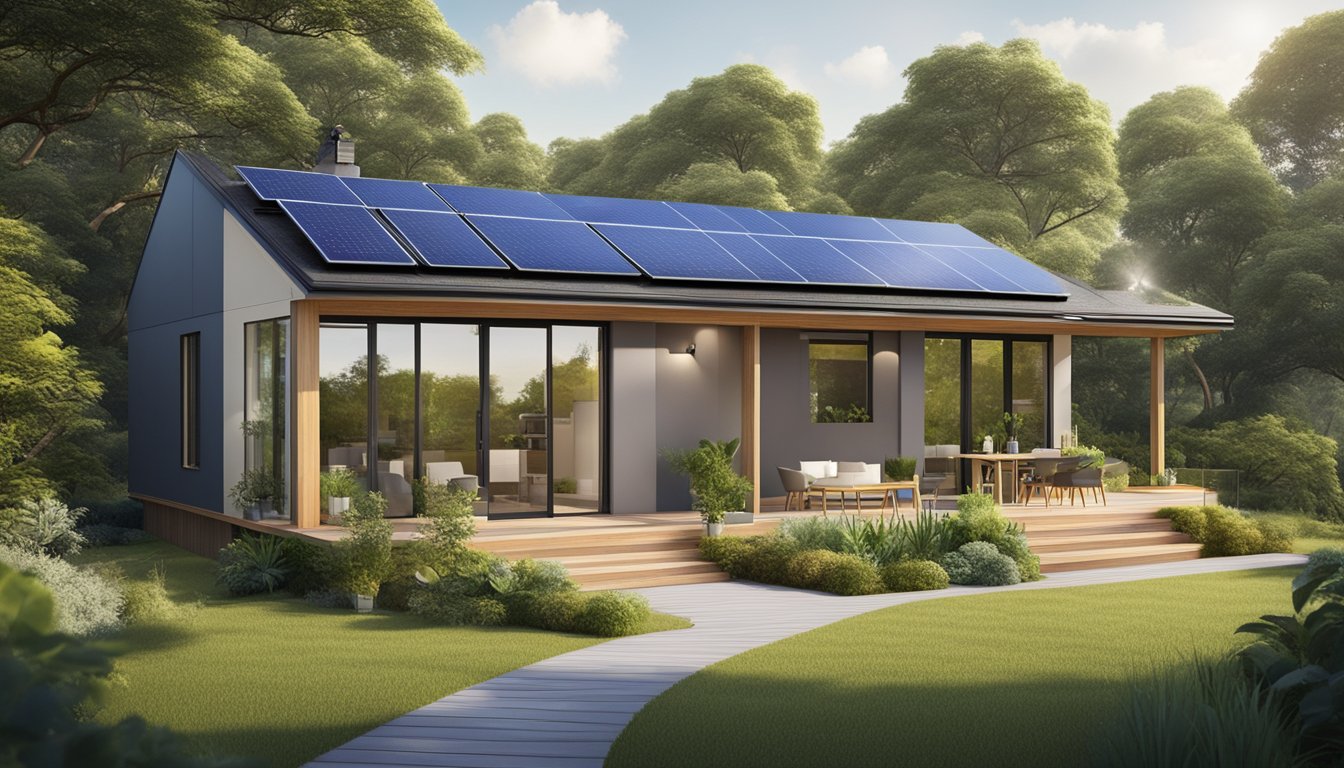 A modular home surrounded by lush greenery, solar panels on the roof, and a wind turbine nearby, showcasing its energy-efficient features