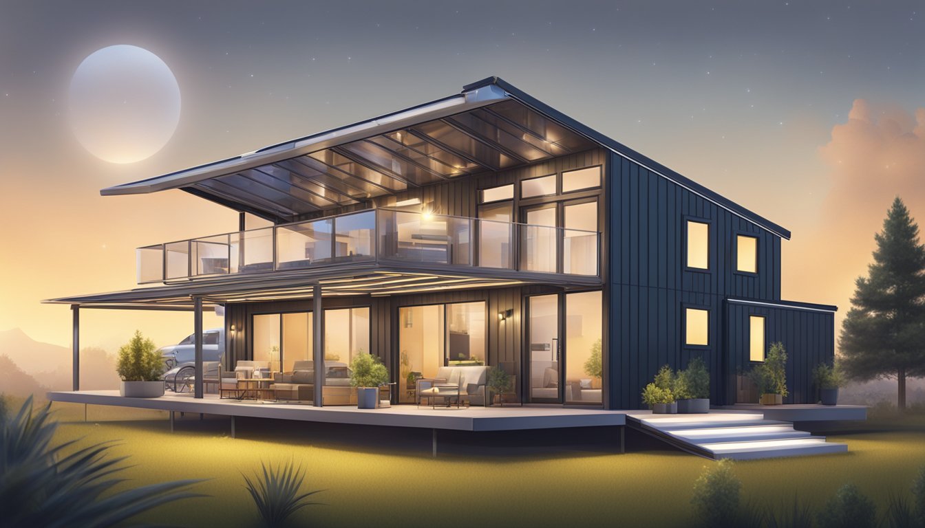 A modern double wide with solar panels, LED lighting, and energy-efficient appliances