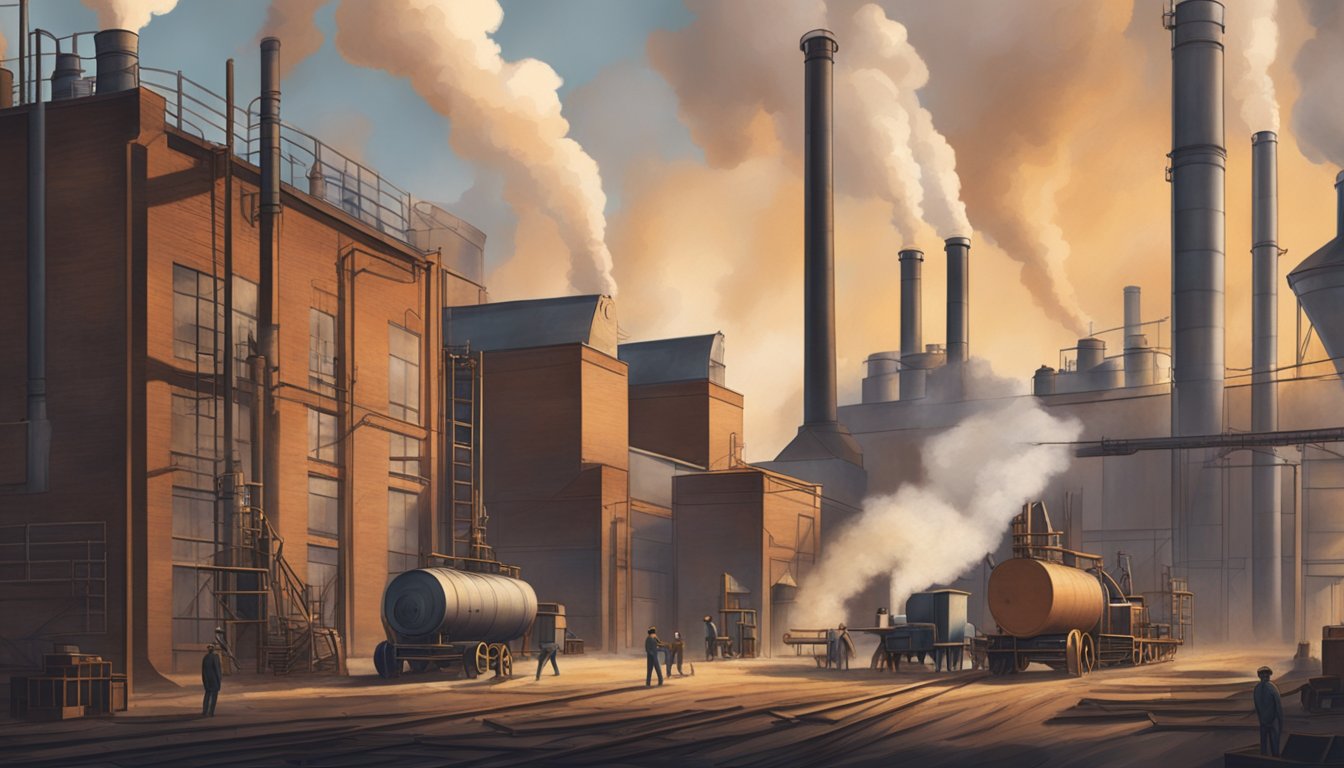 A vintage factory with large machinery, workers moving materials, and smokestacks billowing smoke into the sky