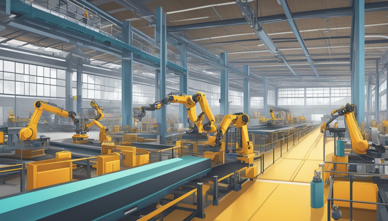 A large industrial factory with conveyor belts, robotic arms, and workers in safety gear overseeing the production of double wide manufactured products