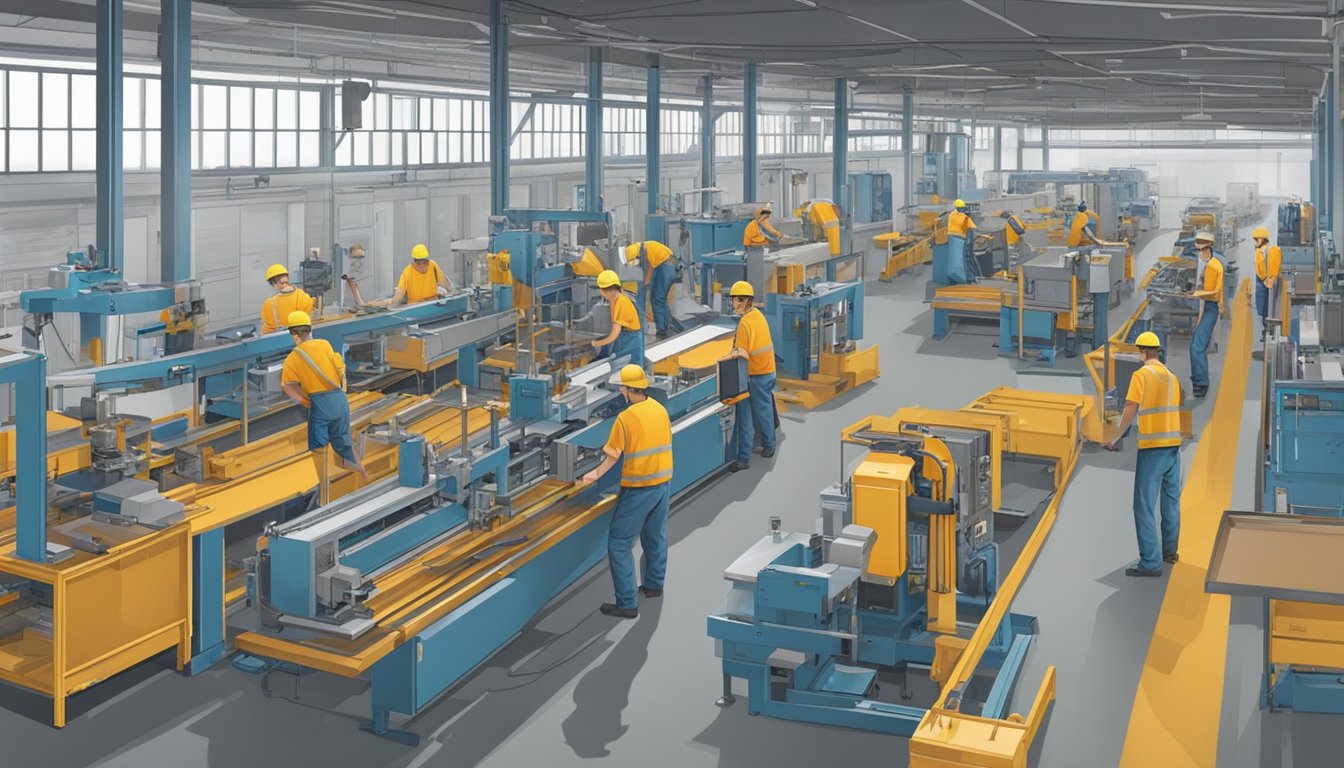 The assembly line at the factory, with workers customizing and designing double wide homes. Machinery and tools are in use