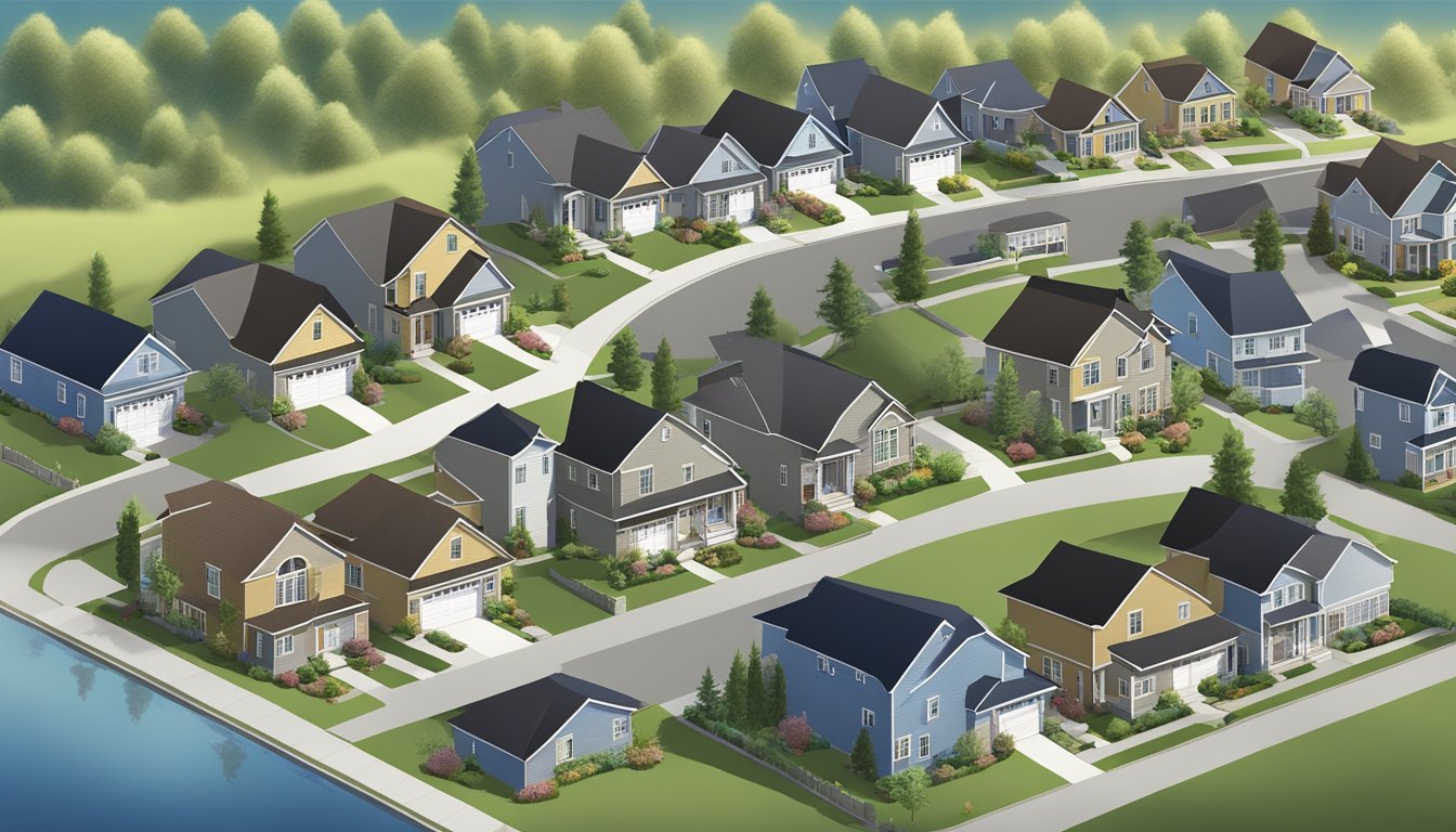 A suburban neighborhood with a mix of single-family homes and double wides, each with different setbacks and lot sizes