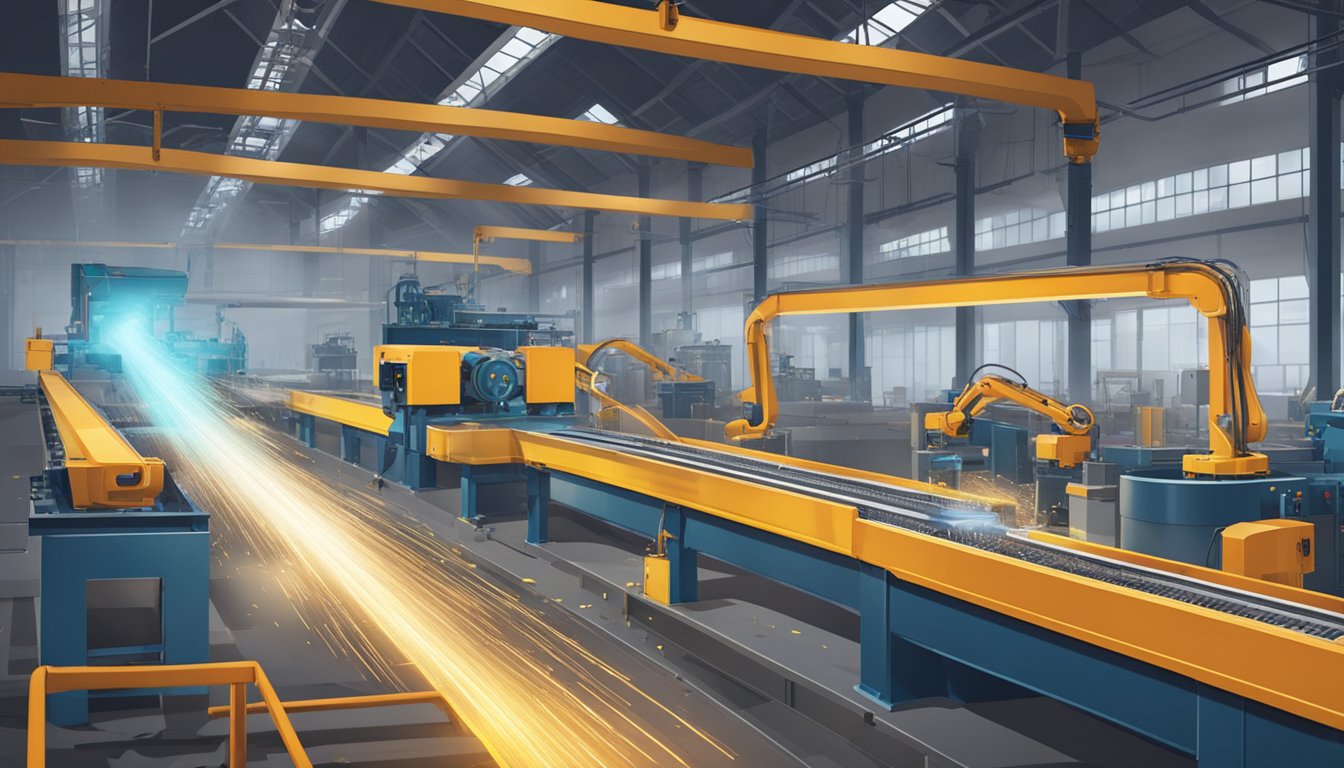 A conveyor belt carries raw materials through various machines in a large industrial factory. Sparks fly as metal is cut and shaped by robotic arms