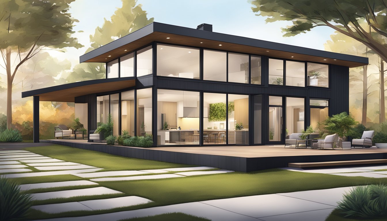 A modern double wide home with sleek lines and large windows, surrounded by landscaping and outdoor living spaces