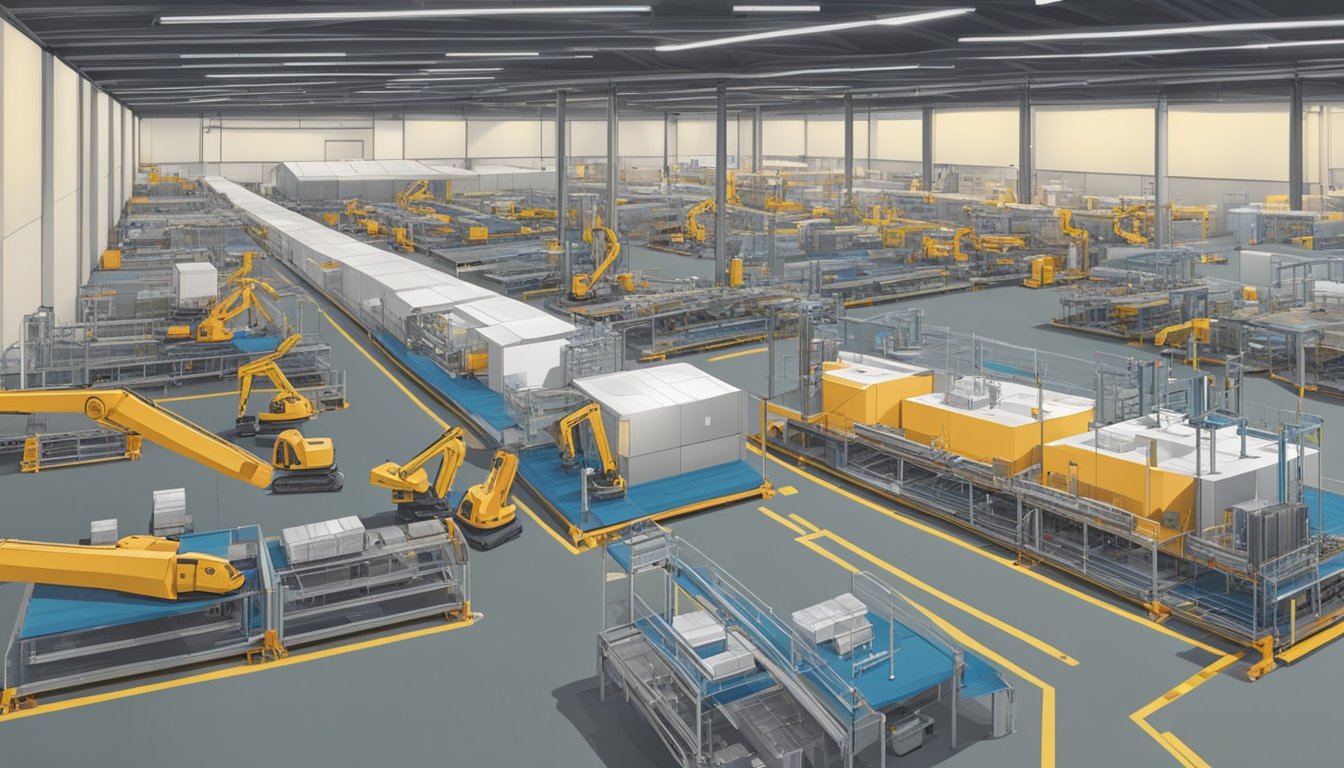 The assembly line in a large industrial warehouse, with conveyor belts, robotic arms, and machinery producing double wide manufactured homes