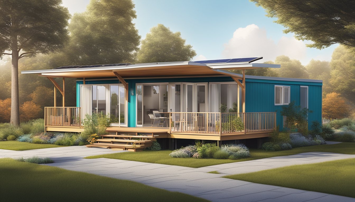 A double wide mobile home surrounded by modern, sustainable landscaping with solar panels on the roof